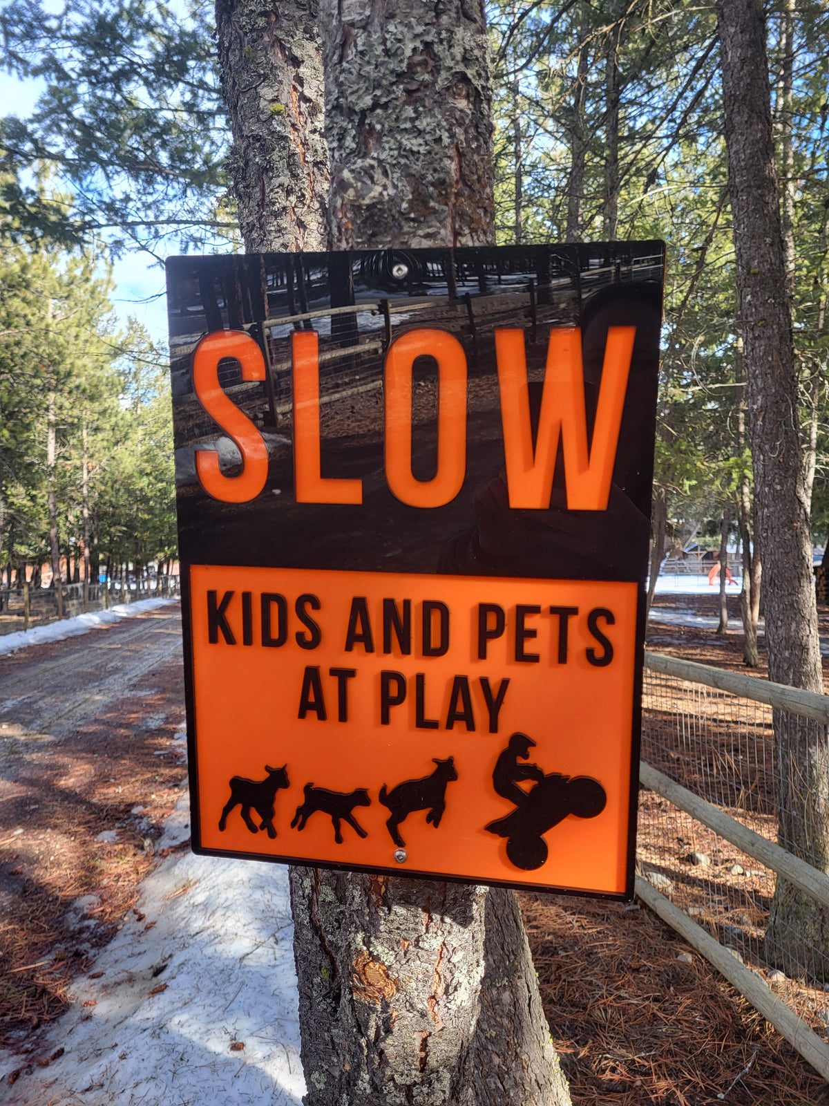 A rectangular orange and black outdoor warning sign on a tree that reads “SLOW KIDS AND PETS AT PLAY,” photographed in a wooded area with trees, fence, and ground snow visible.